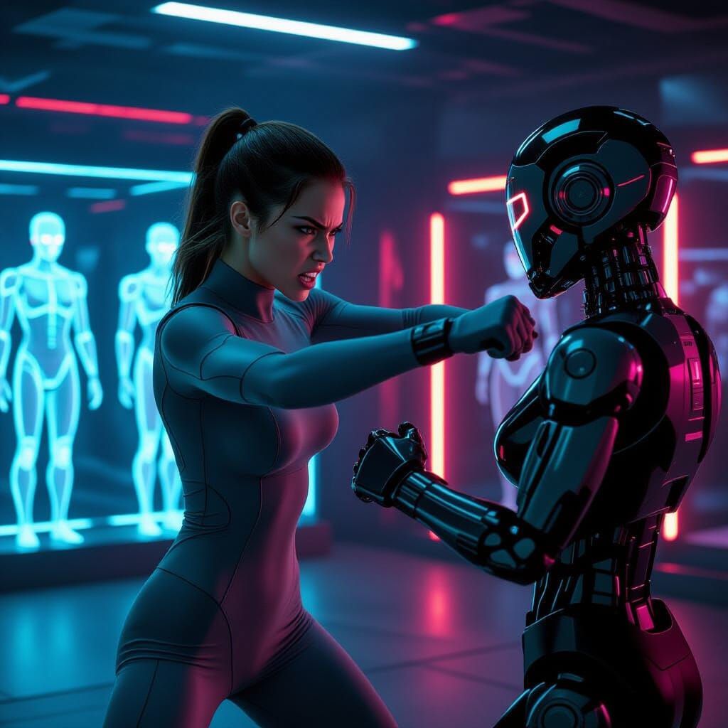 Futuristic Woman Punches Robot in Neon Dojo