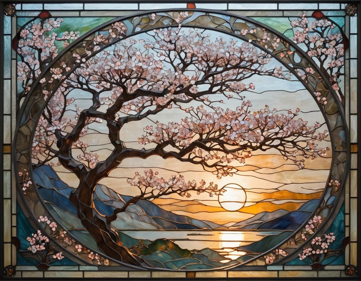 Cherry Blossoms: Stained Glass Art Nouveau Window