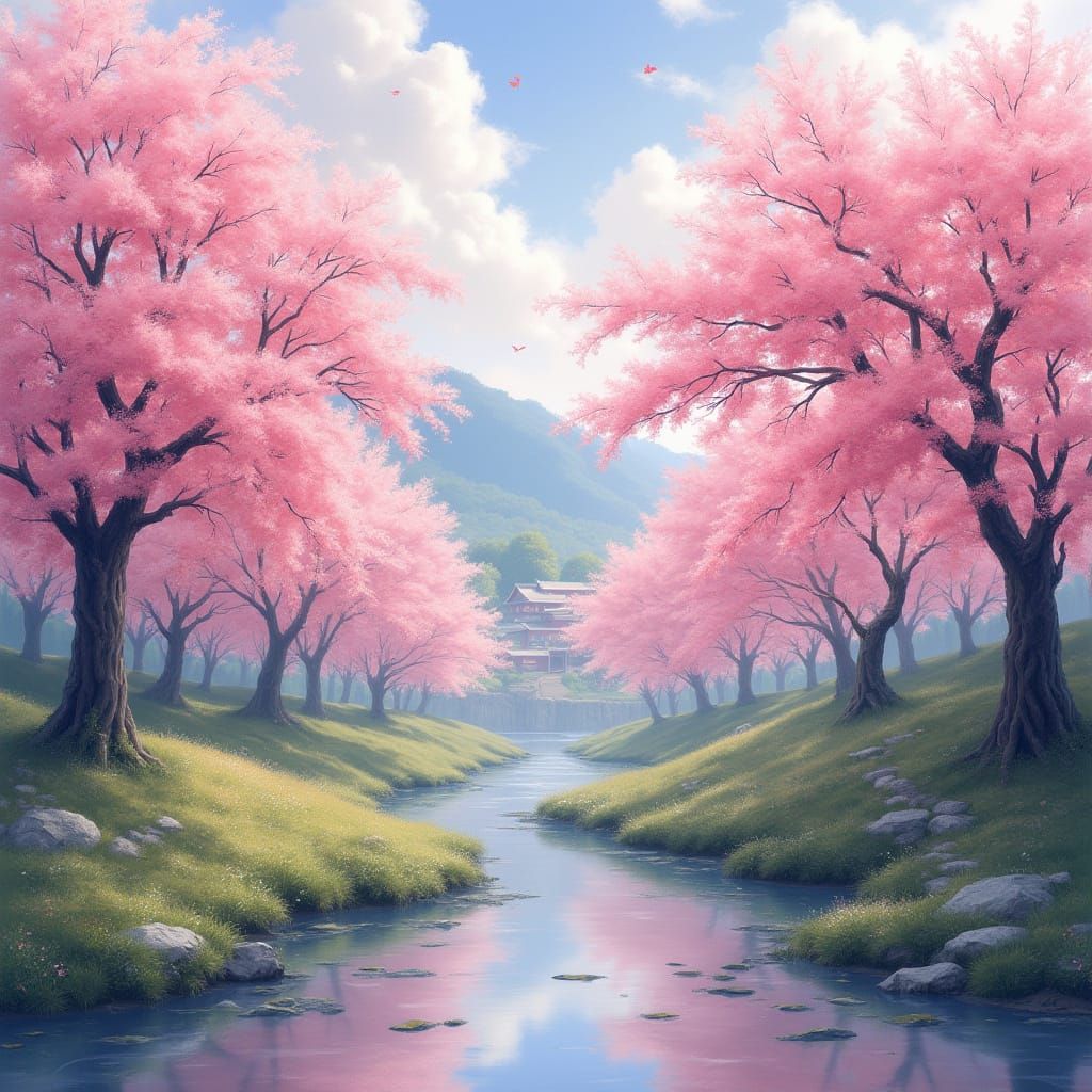 Cherry Blossoms in Japanese Impressionist Paradise