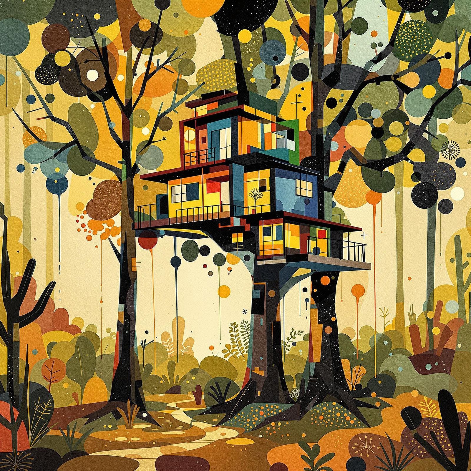 Geometric Treehouse in Vibrant, Abstract Surrealism