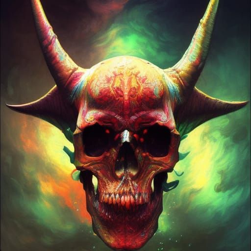 Metallic Demon Skull with Psychedelic Background in 8K