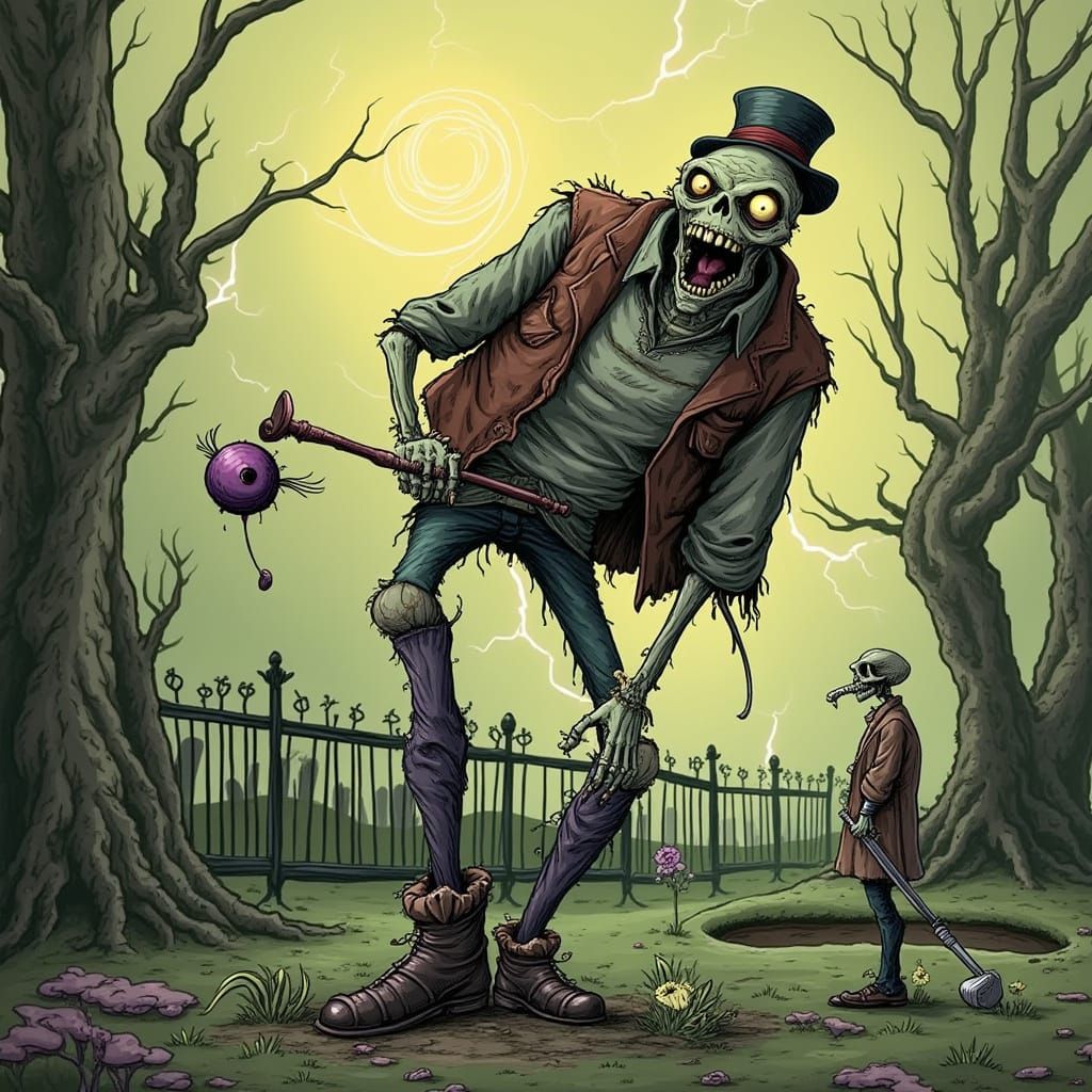 Zombie Golfer on Twisted Course in Tim Burton Style