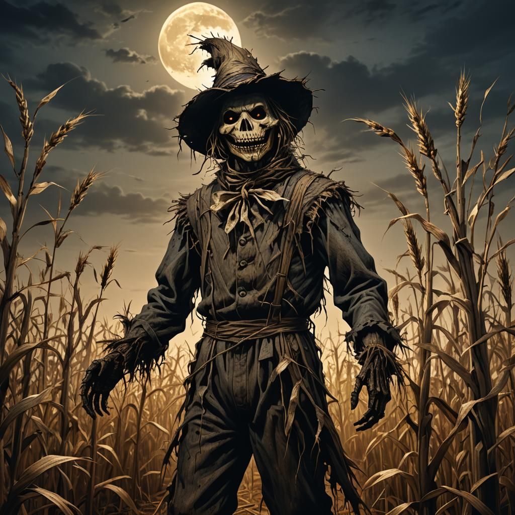Eerie Scarecrow in Dark Fantasy Cornfield