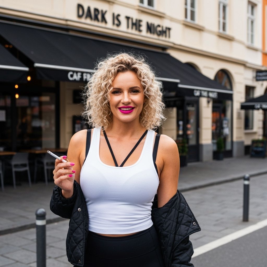 Woman in Pink and Black Outfit at "Dark is the Night" Cafe
