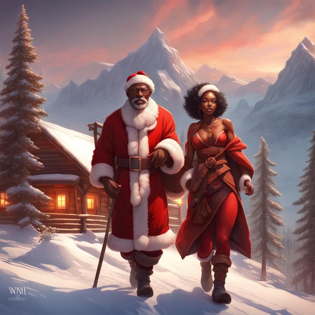 African Santa and Mrs. Claus in Winter Wonderland