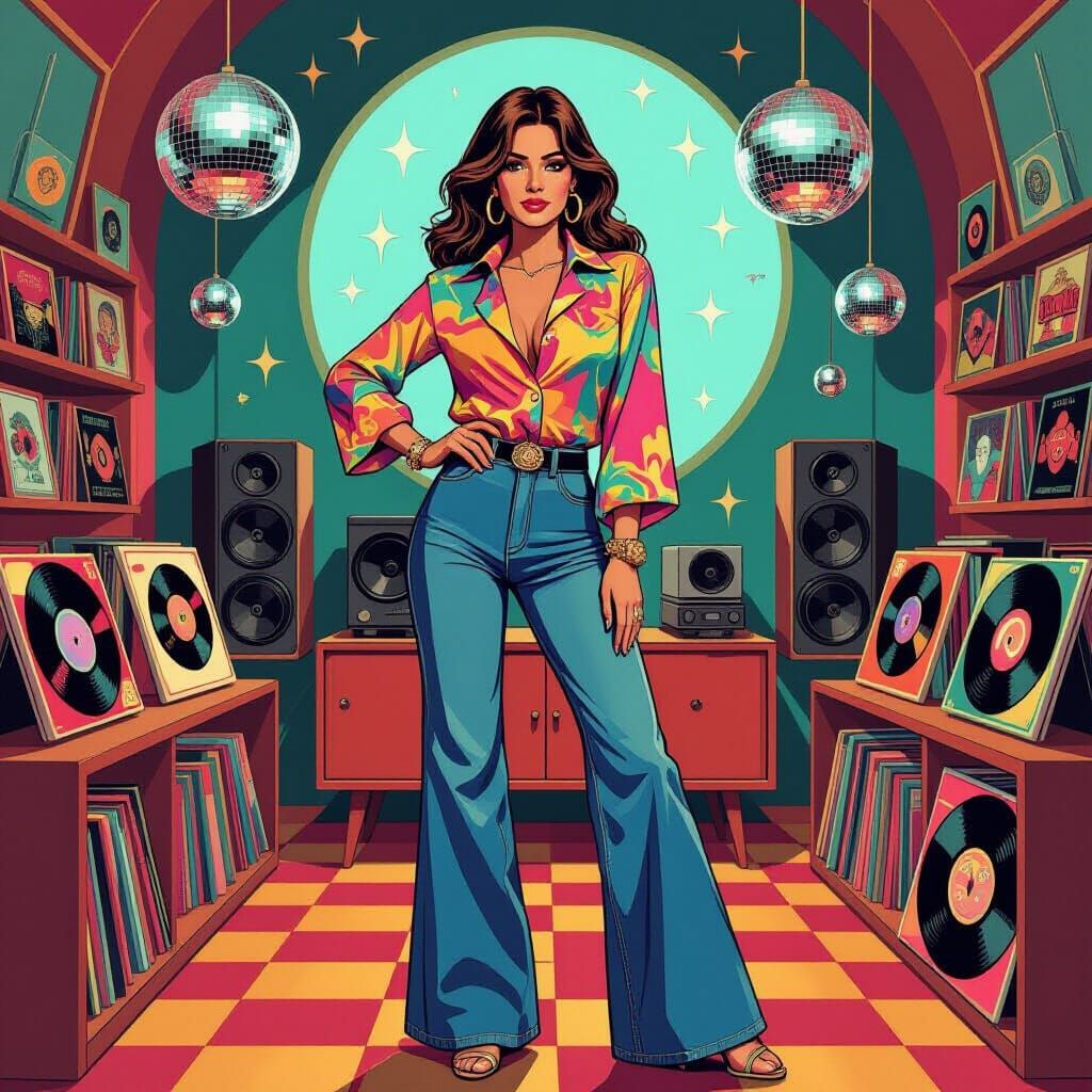 Retro Woman in Seventies Room with Disco Balls