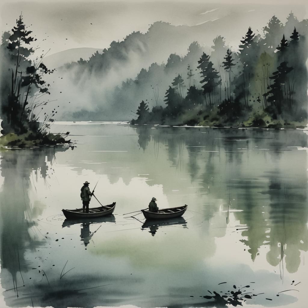 Misty Lake Fisherman in Modern Ink Painting Style