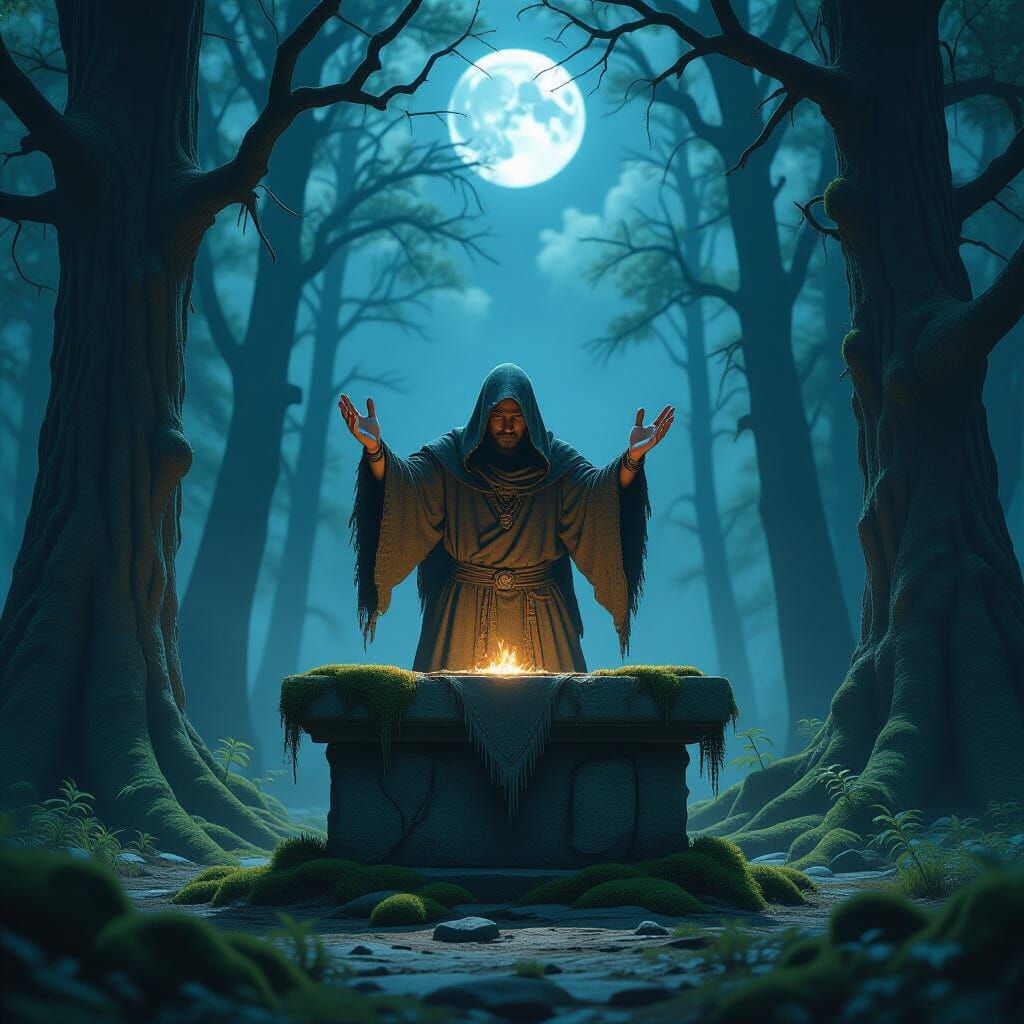 Druid's Moonlit Supplication in Dark Fantasy Scene