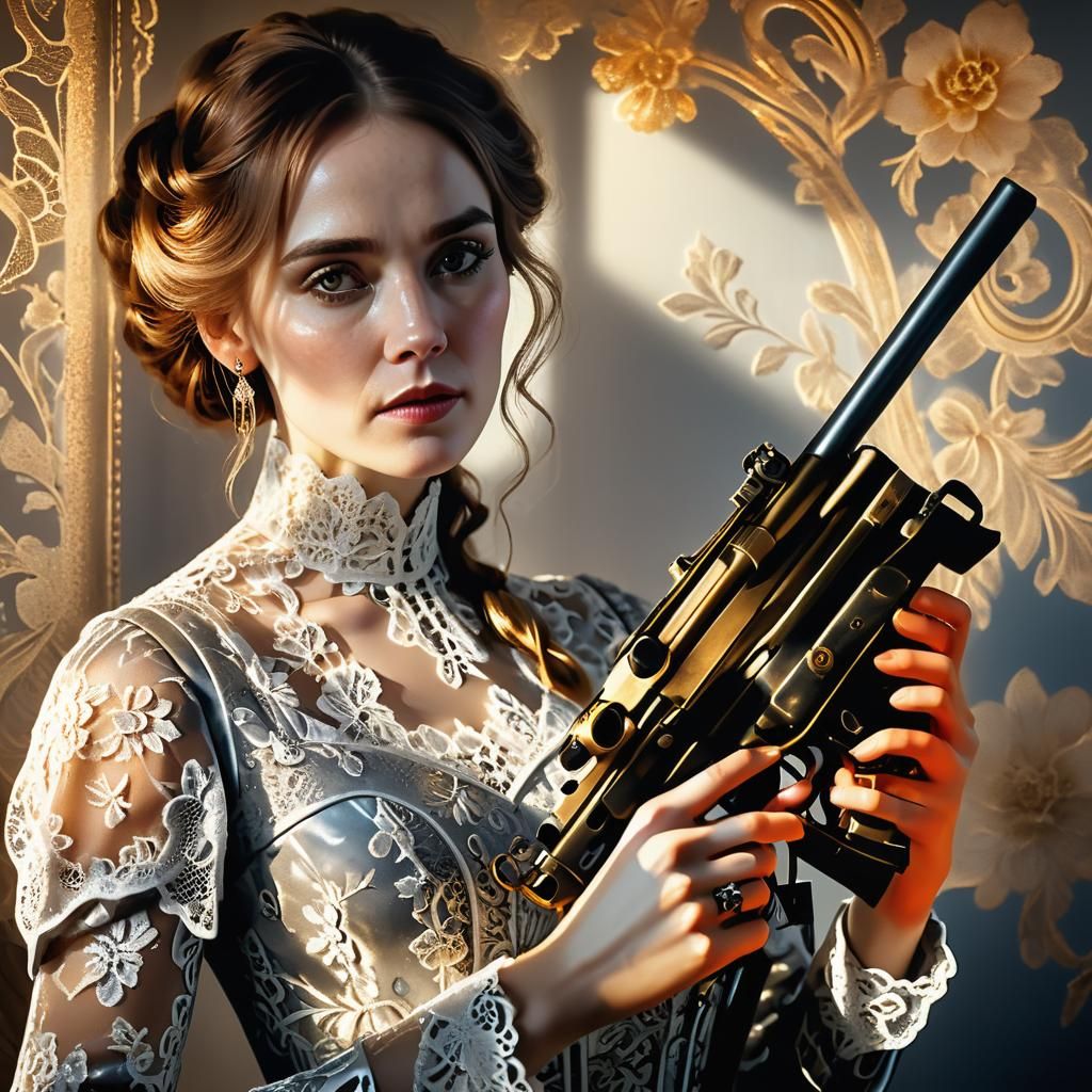 Woman with Machine Gun in Victorian Style