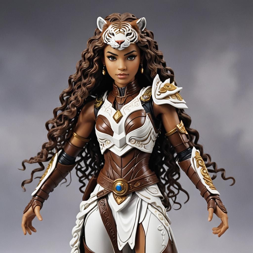 Deena long brown curly braided hair with bangs power ranger toy**: A powerful, majestic figure with a white tiger-inspir...