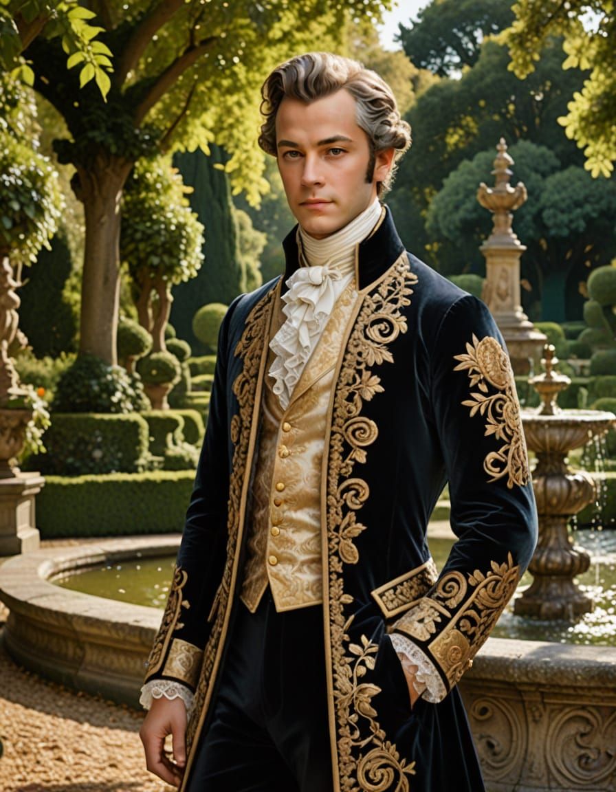 Baroque Portrait of Mozart in Lush Garden