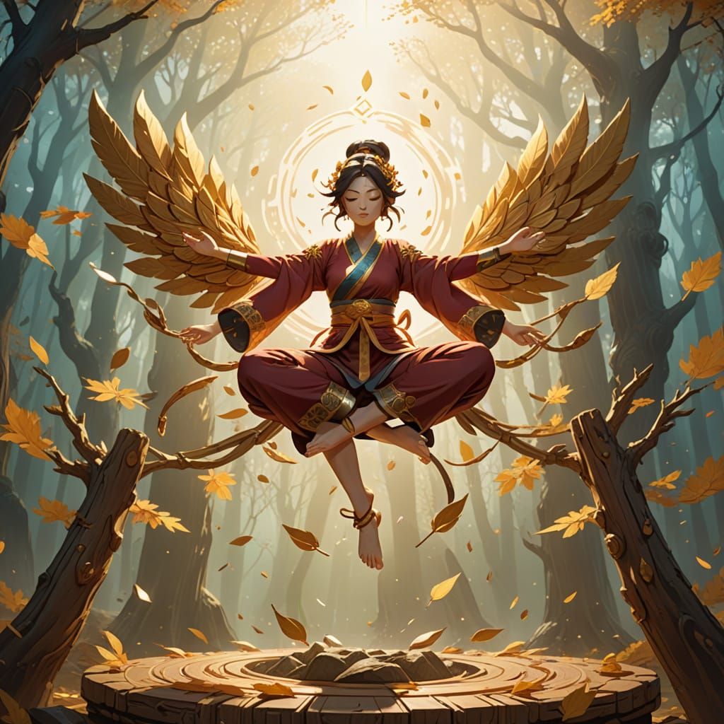 Anime Woman Surrounded by Wooden Arms in Meditation