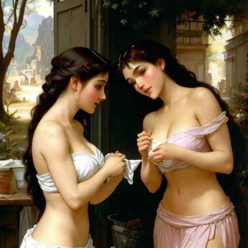 Two Bare Women Kissing in Laundry Room Painting