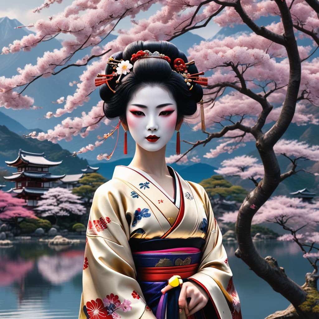 Geisha Near Sakura Tree: Detailed Matte Painting