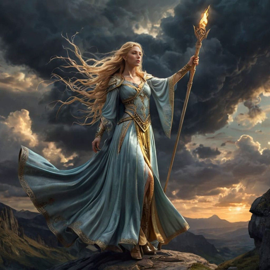 Ethereal Elven Sorceress on a Haunted Hill in Triadic Hues