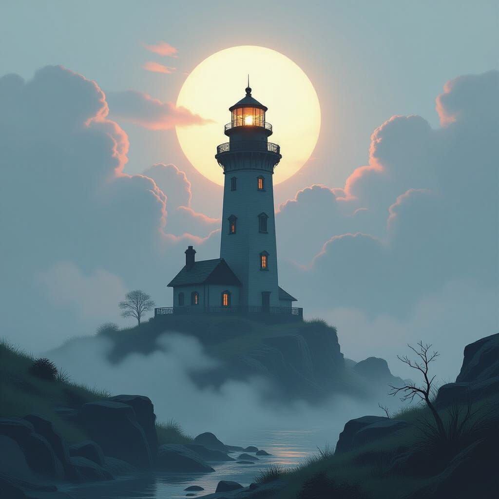 Majestic Lighthouse in Dreamlike Retro-Futuristic Landscape