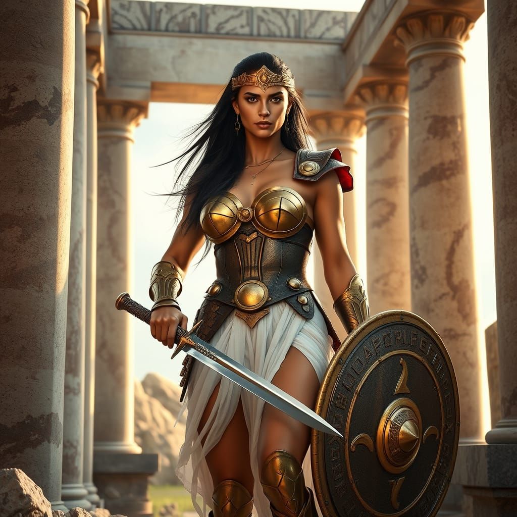 Heroic Warrior Woman in Ancient Greek Ruins