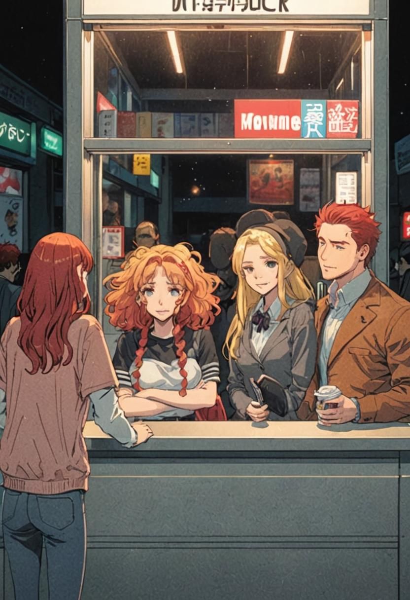 Friends at Movie Ticket Booth in Anime Style