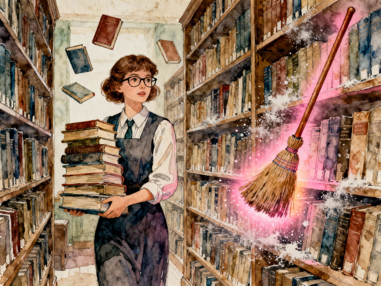 Magical Librarian with Floating Books in Vintage Watercolor ...