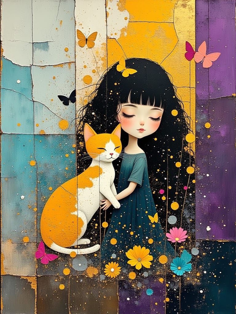 Girl with Cat and Butterflies as Oil Painting