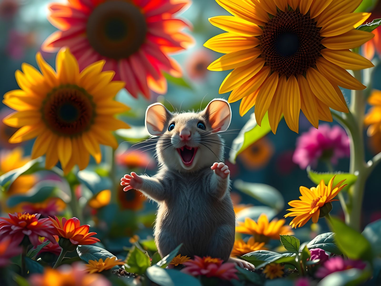 Cute Mouse Dancing Under Sunflower, Hyperrealistic Splash Ar...
