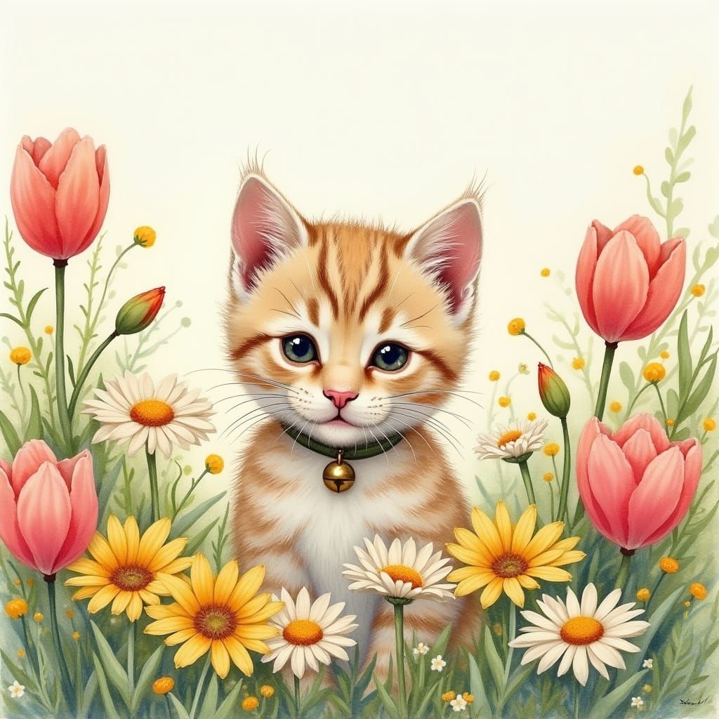 Whimsical Kitten in a Vibrant Floral Garden