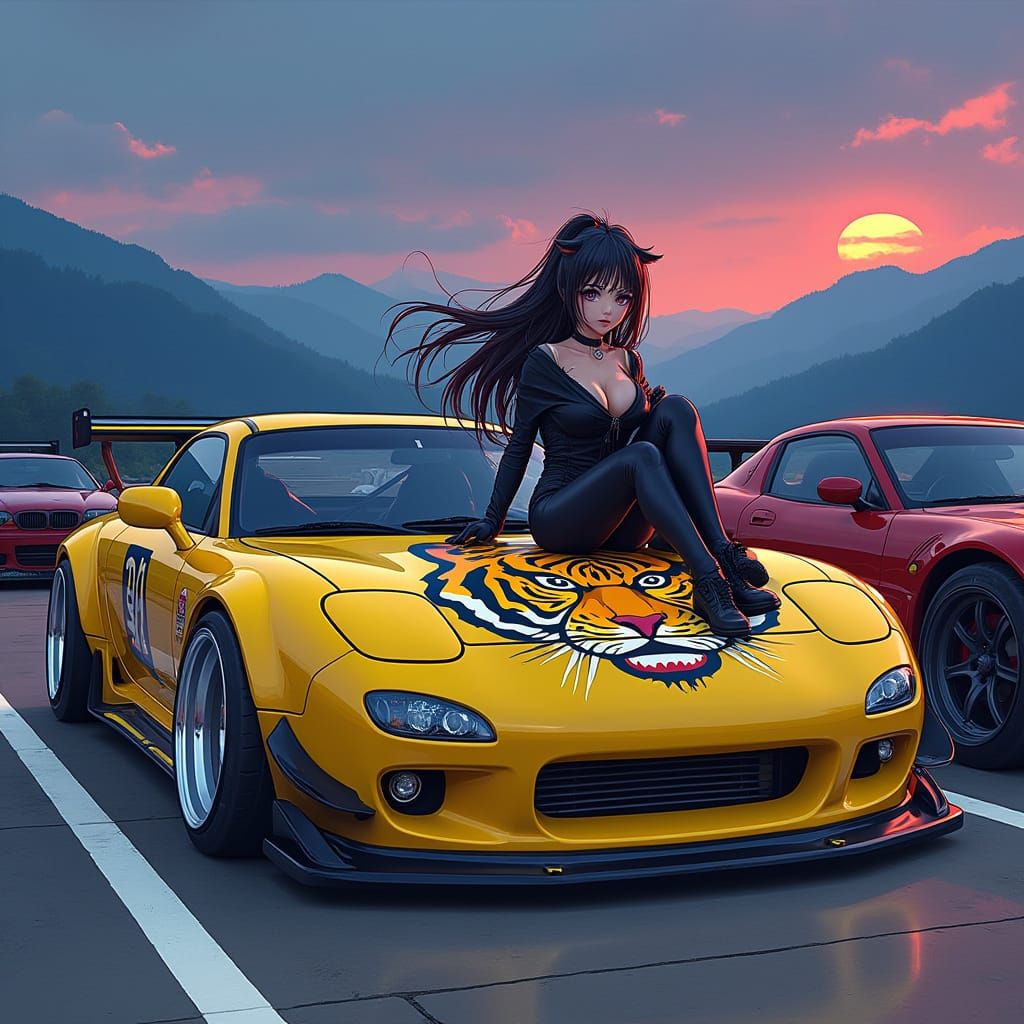 Modified Yellow Mazda RX 7 with Anime Woman
