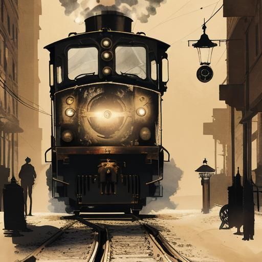 Steampunk Locomotive Silhouette in Ink Painting Style