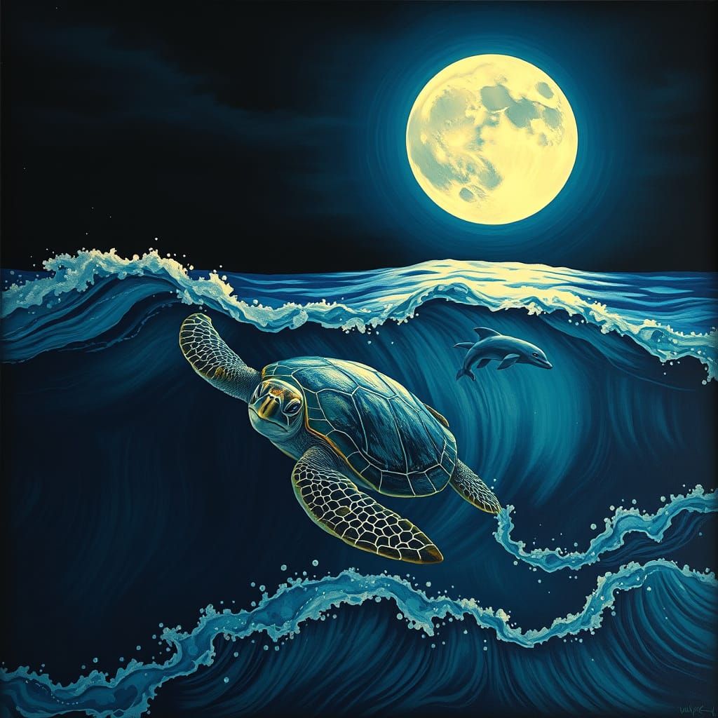 Serene Moonlit Ocean Scene with Sea Turtle and Dolphin