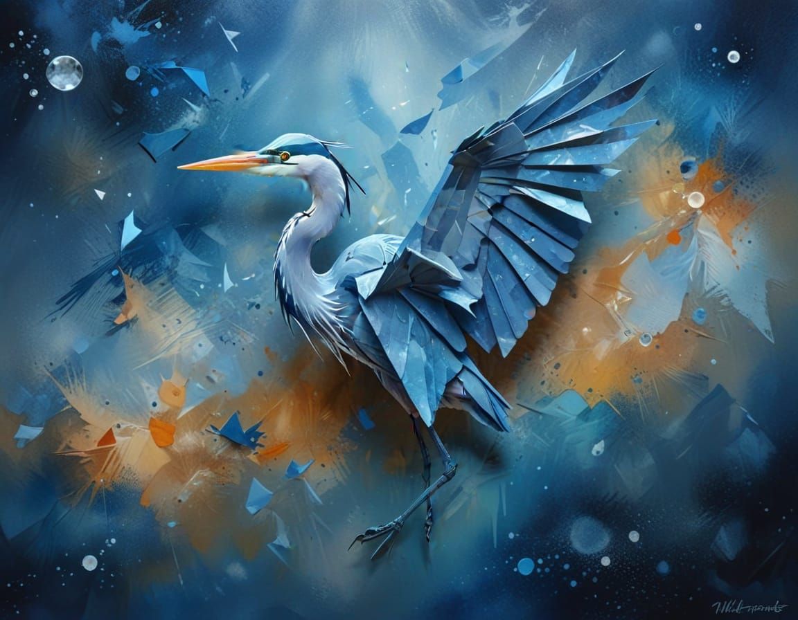 Surreal Blue Heron Origami in Watercolor and Oil
