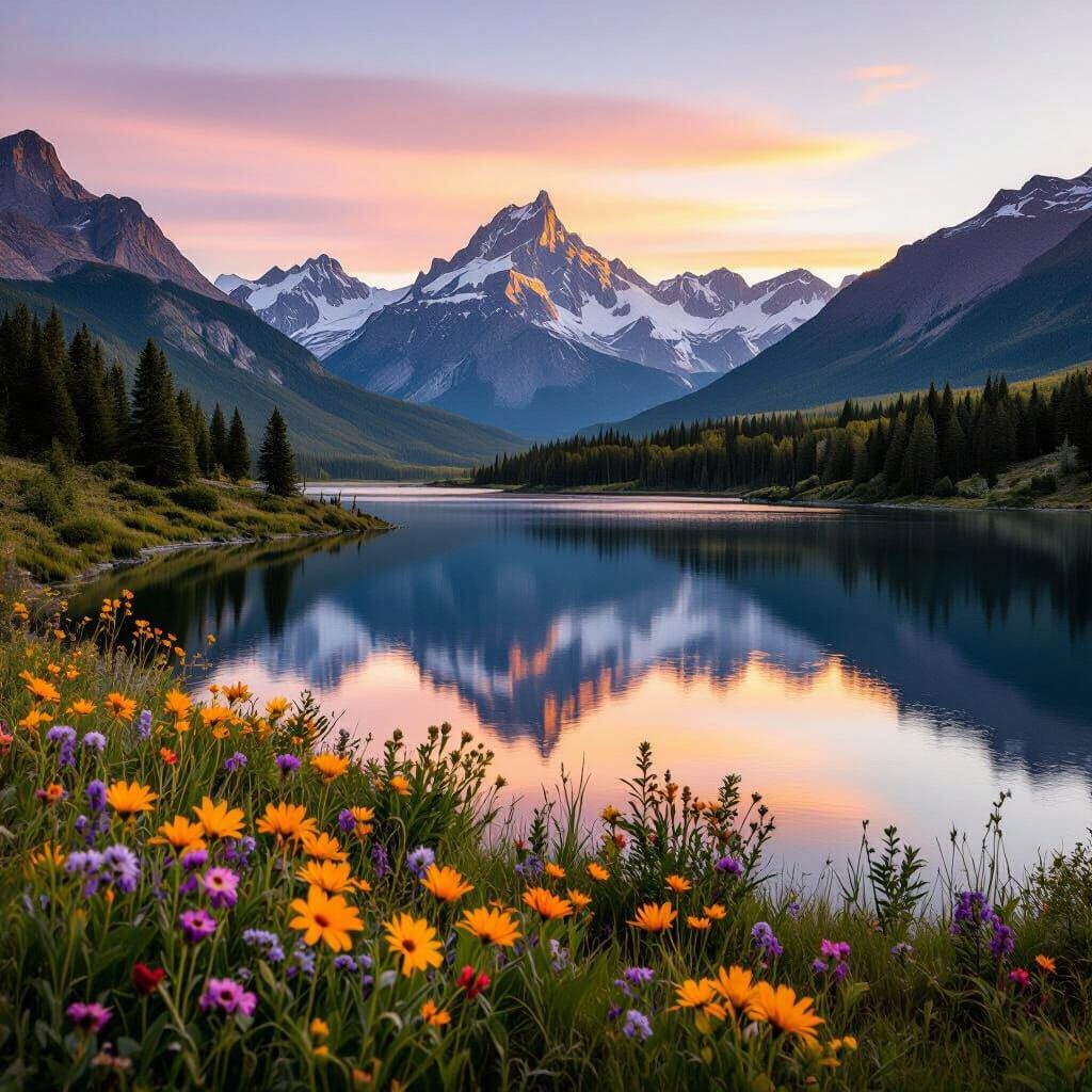 Majestic Sunrise Landscape: Golden Mountains and Pastel Sky