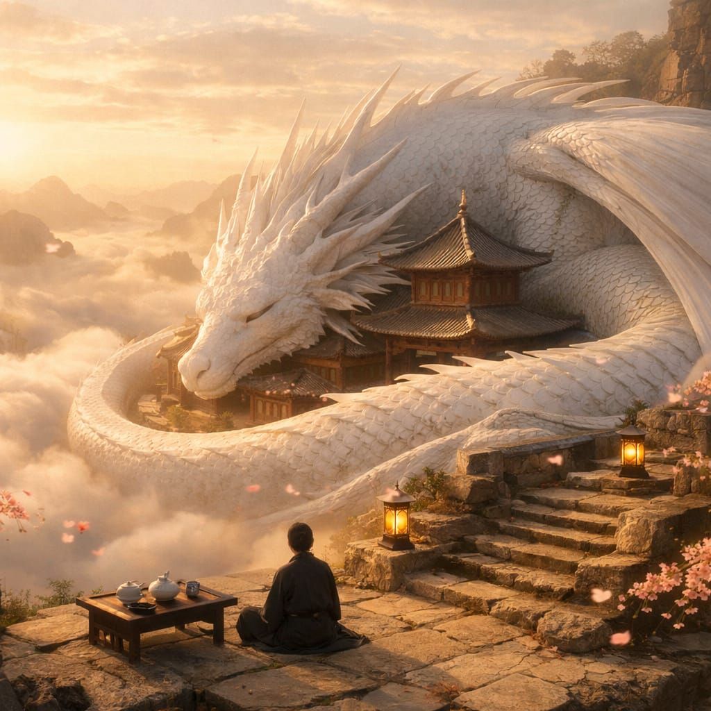 Majestic White Dragon Guards Ancient Temple Above Clouds