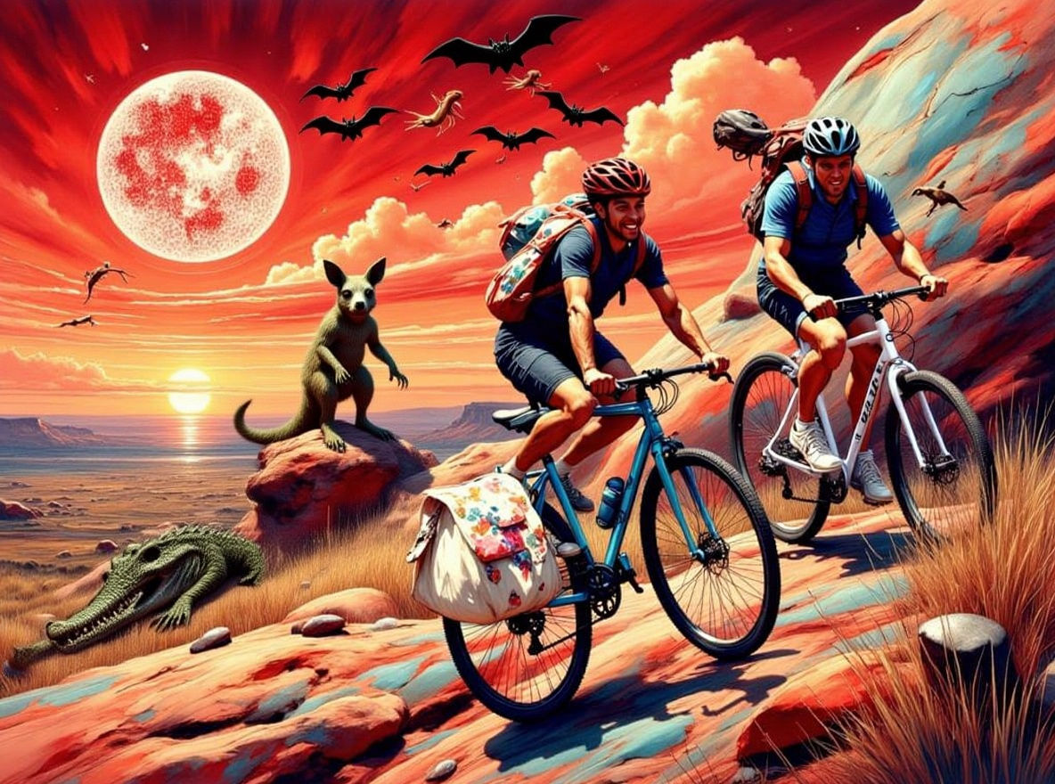 Bicycle Tourists at Devil's Marbles in Australia