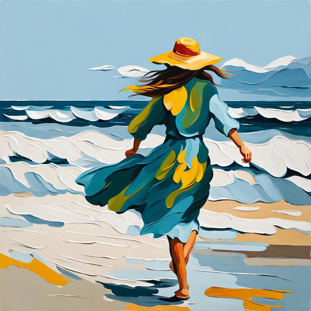 Girl on Cloudy Beach: An Impasto Painting