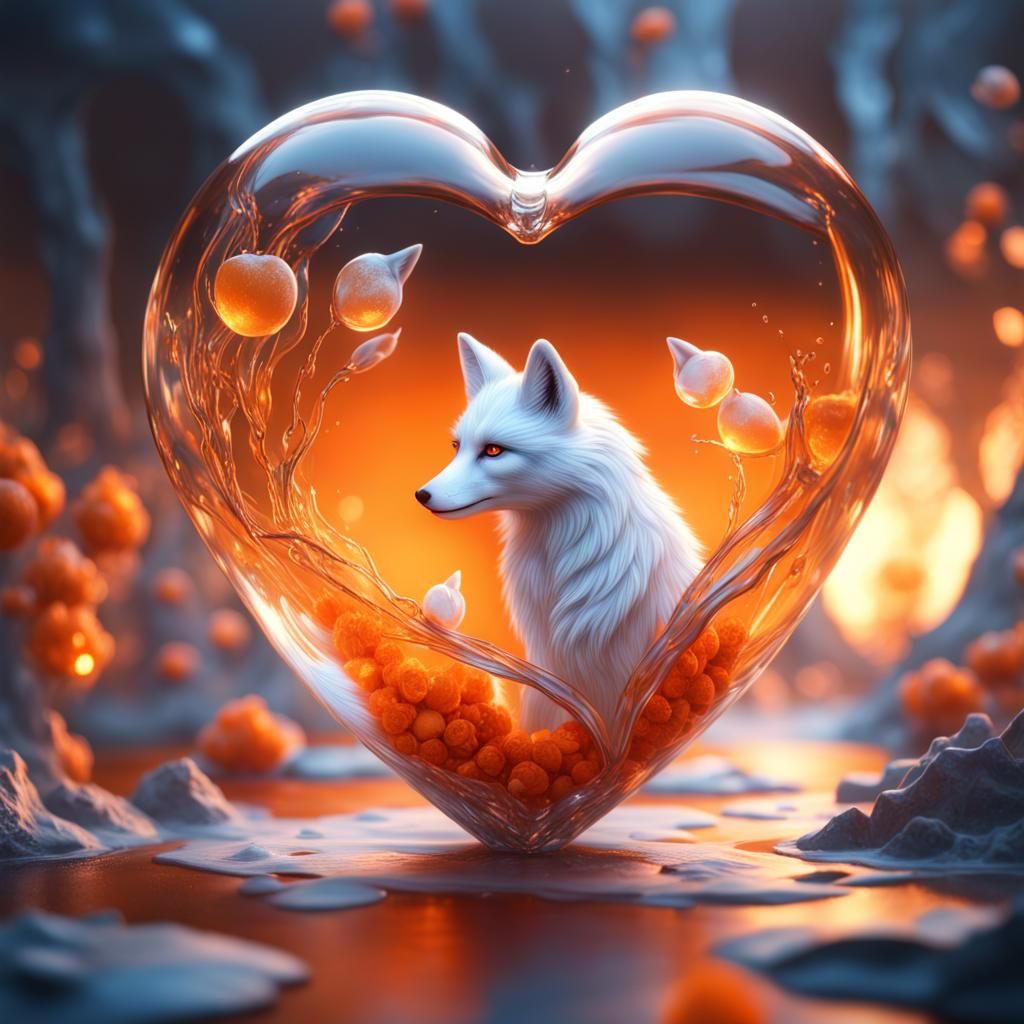 Heart Glass with White Foxes in Fantasy Art