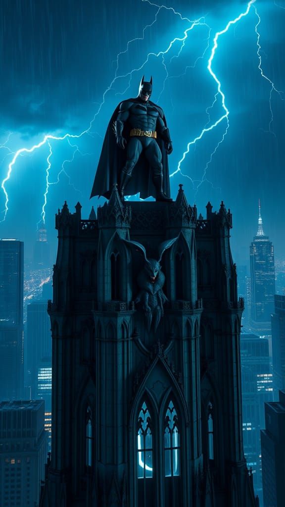 Dark Knight Amidst Gotham City's Gothic Skyscrapers