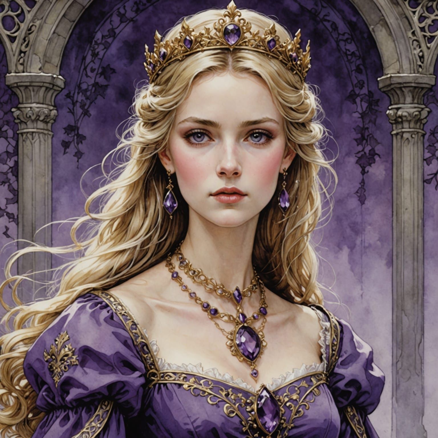 Medieval Princess in Elegant Purple Gown