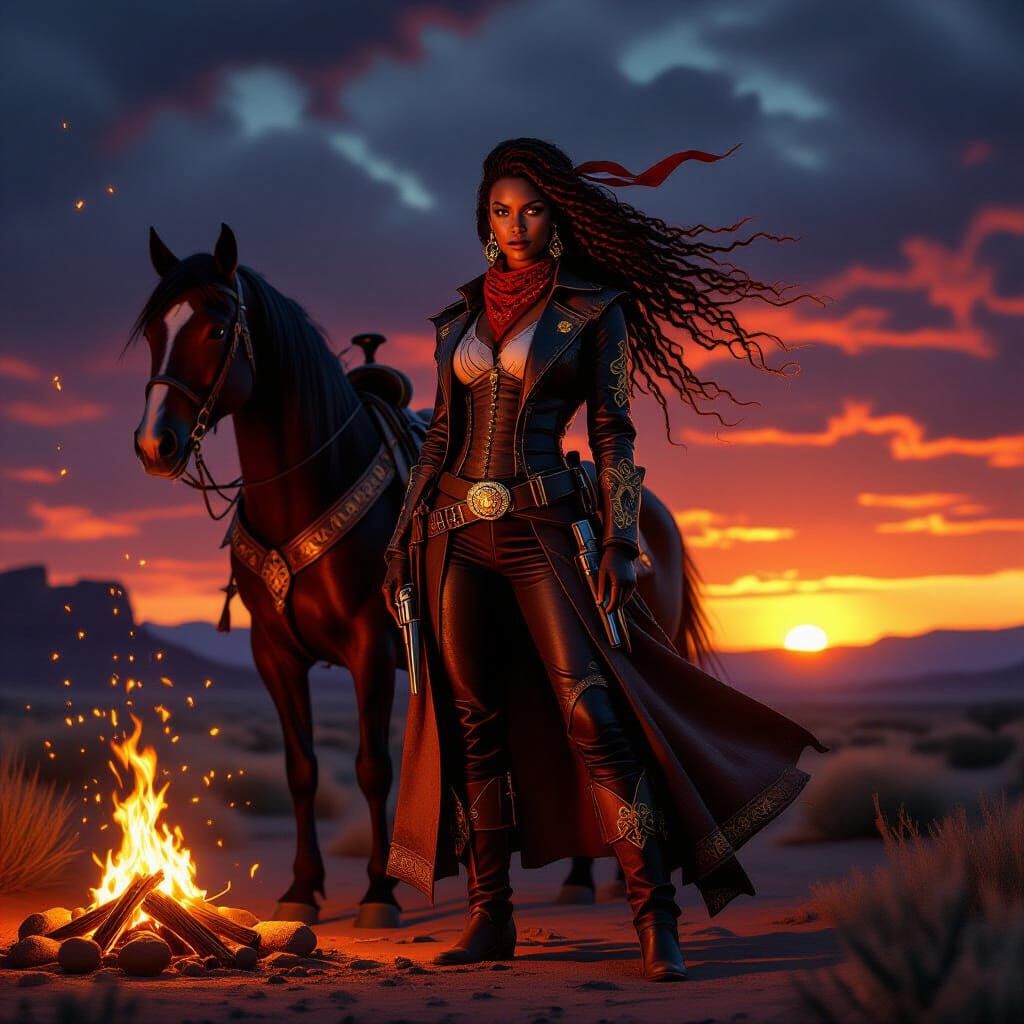 Black Cowgirl Blaze in Fiery Desert Sunset