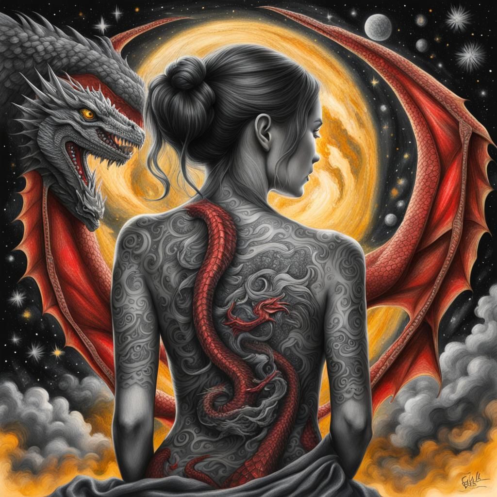 Dragon Tattoo on Woman's Back in Charcoal Style