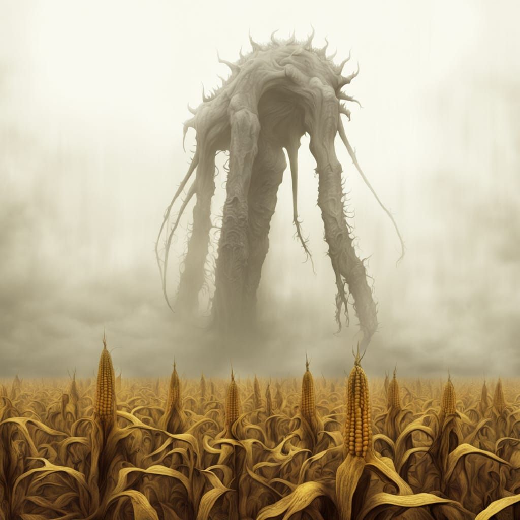 Ethereal Hydra Rises Over Foggy Corn Field