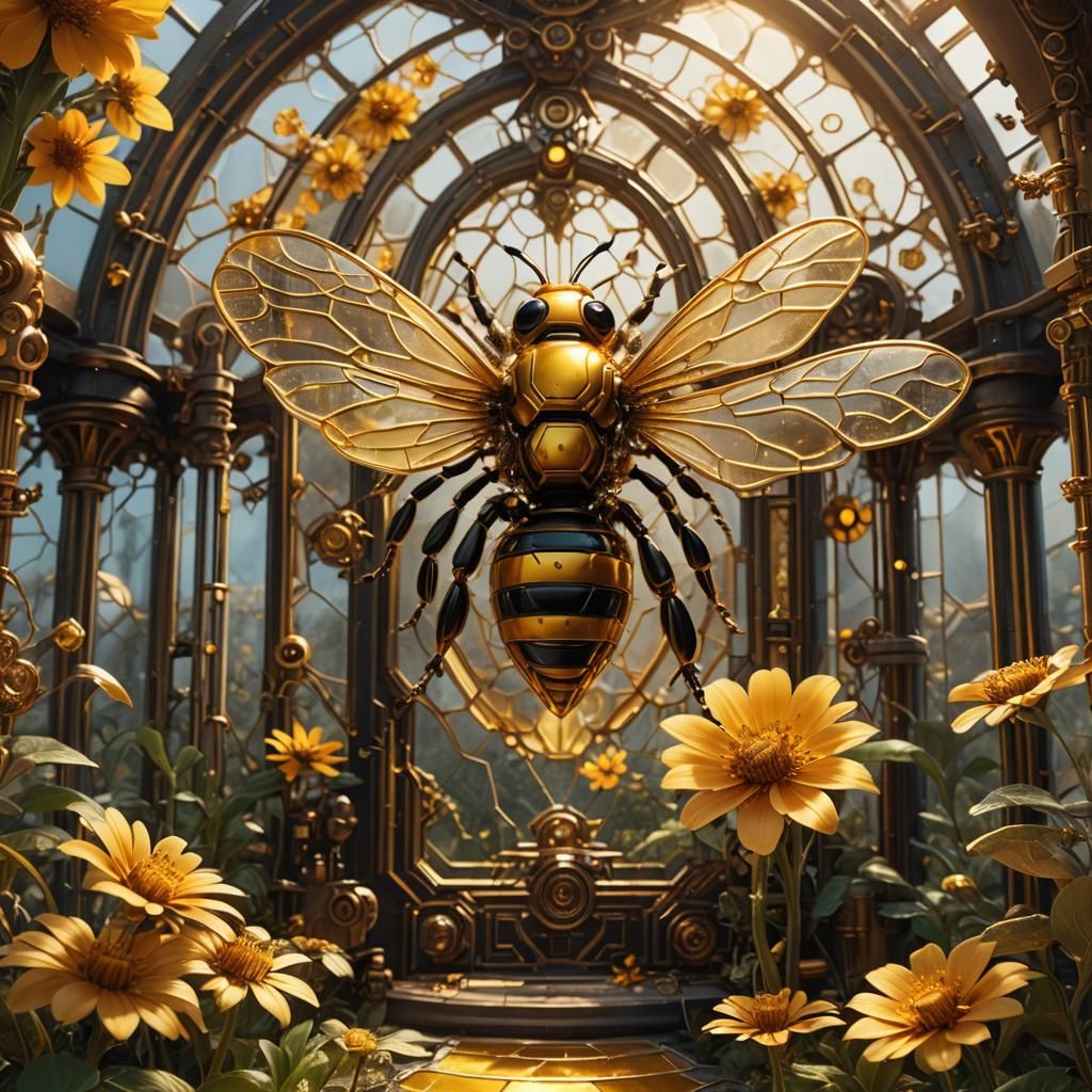 Mechanical Bee on Golden Flower in Steampunk Conservatory