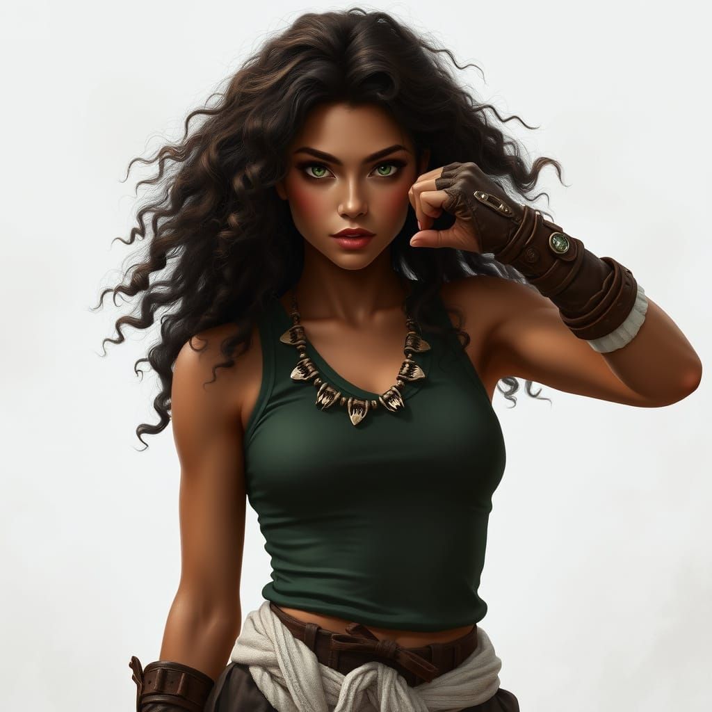 Cyberpunk Warrior Maiden with Grey Eyes and Dark Brown Hair