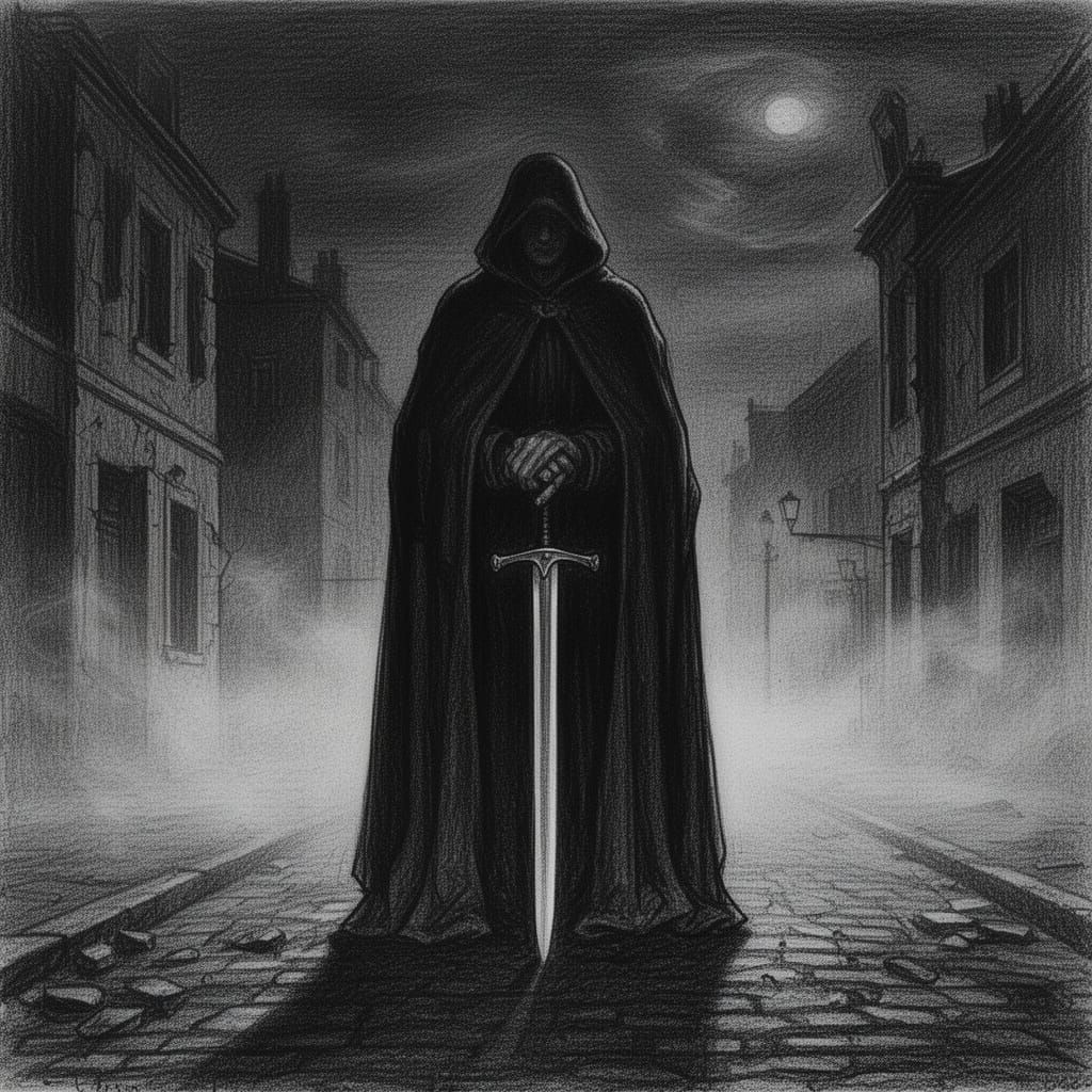 Mysterious Strider on Foggy Street with Sword