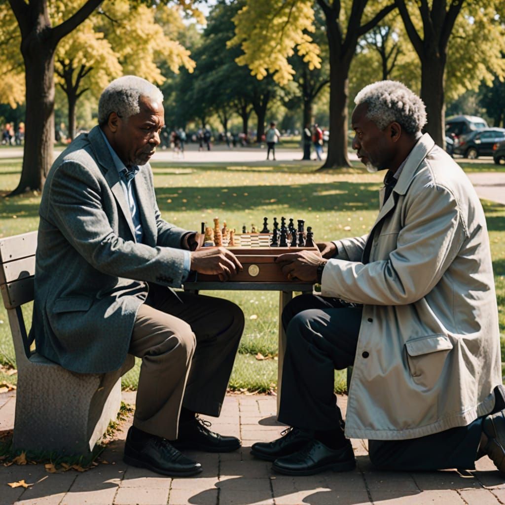 Futuristic Chess Match: Elders Play in Park