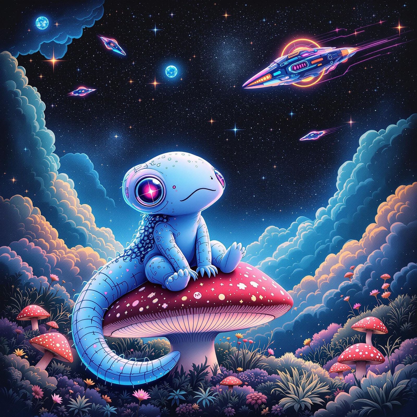 Cybernetic Axolotl Gazing at Starships, in Pointillism