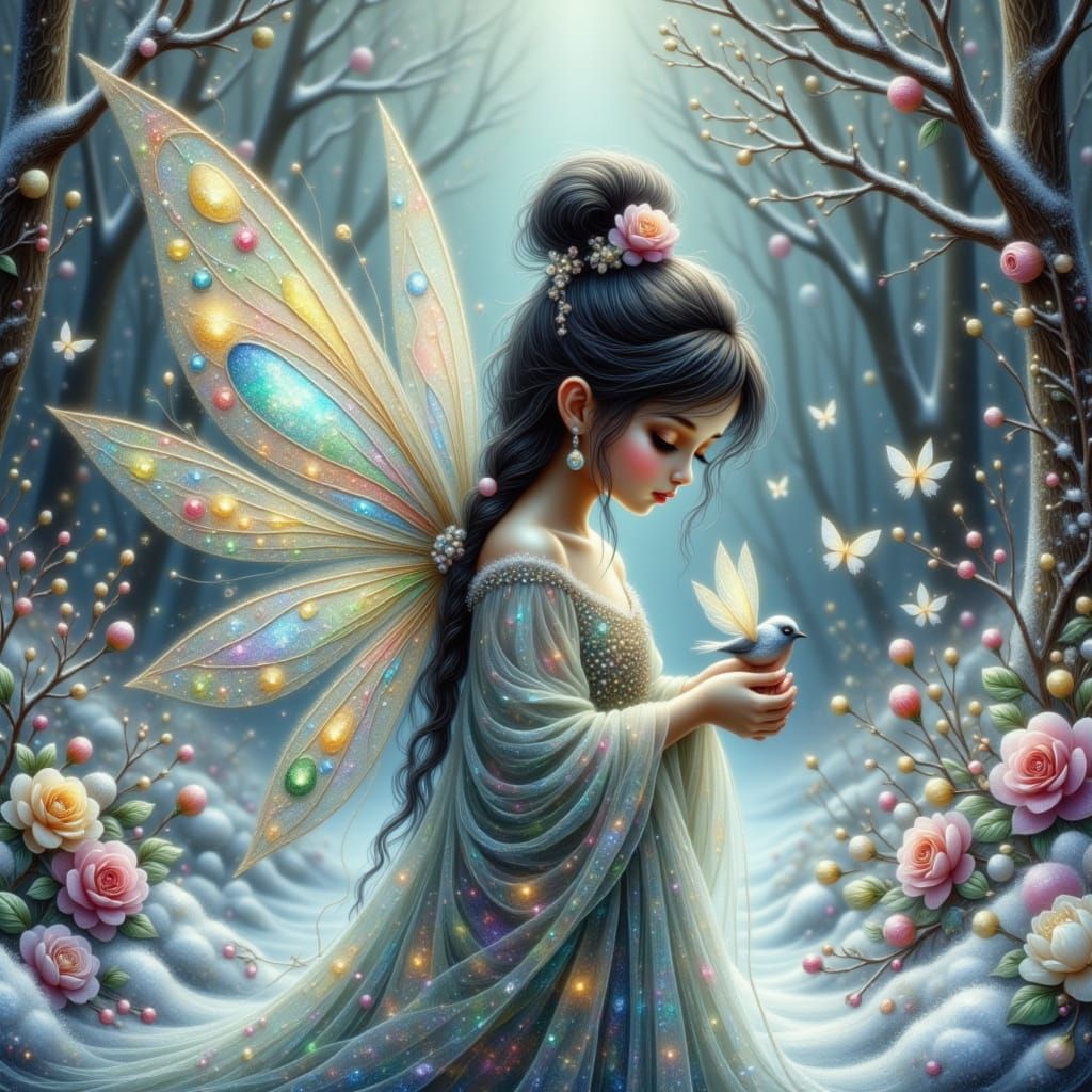 Whimsical Fairy Cradles Snowy Bird in Enchanted Forest