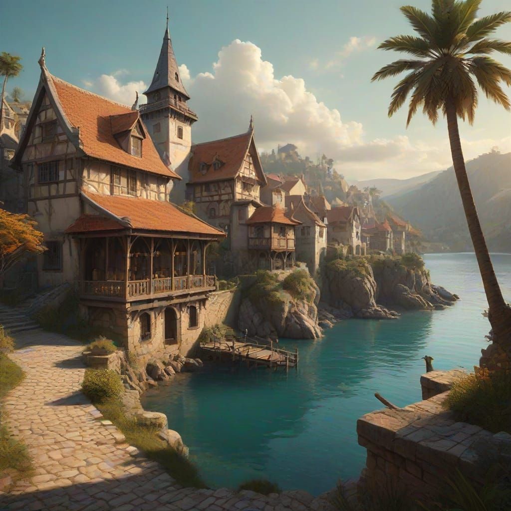 Medieval Fantasy Port in Warm Golden Light