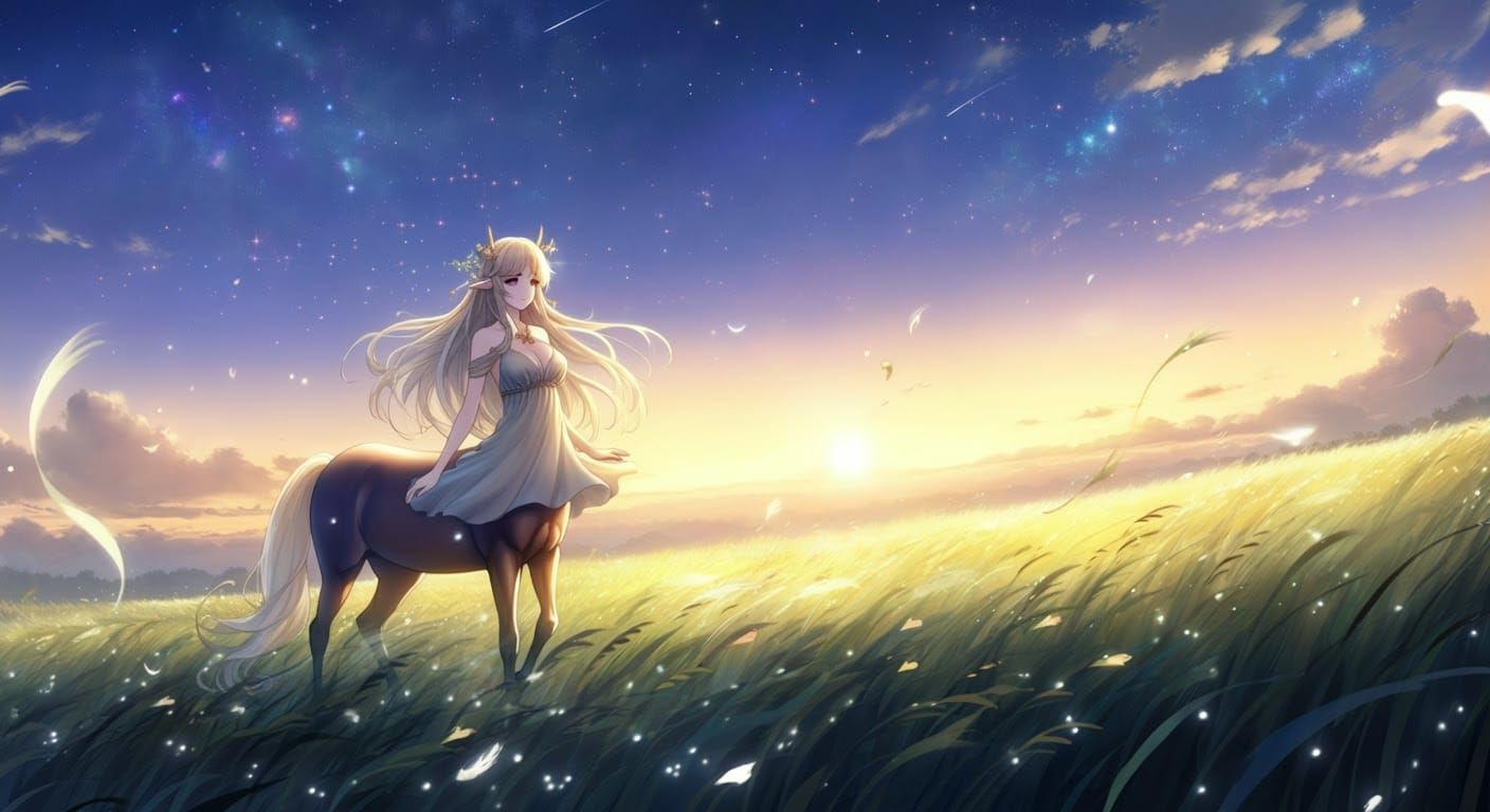Centaur in Windswept Meadow: Anime Fantasy Illustration