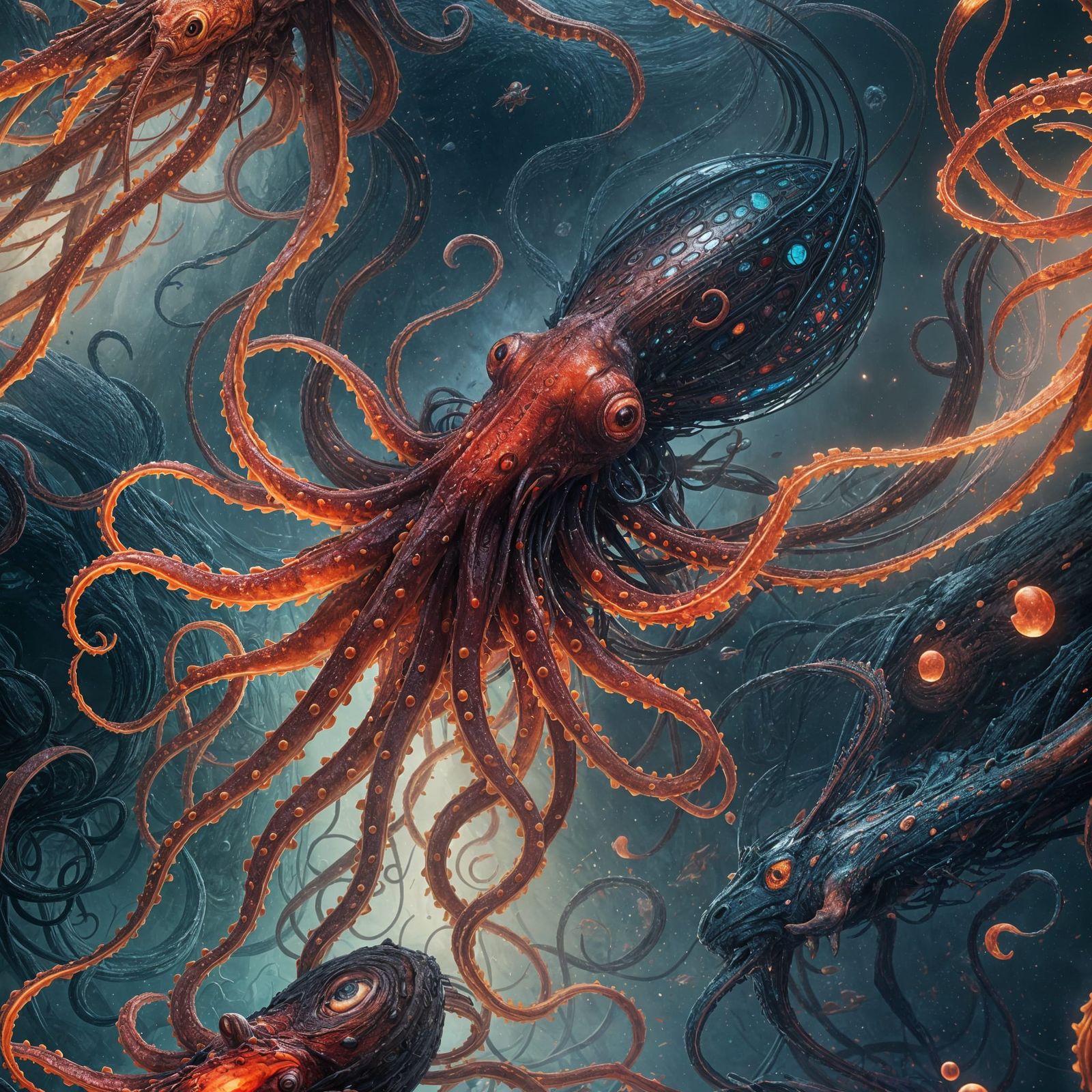 Red Squid in Deep Ocean: Detailed Digital Painting
