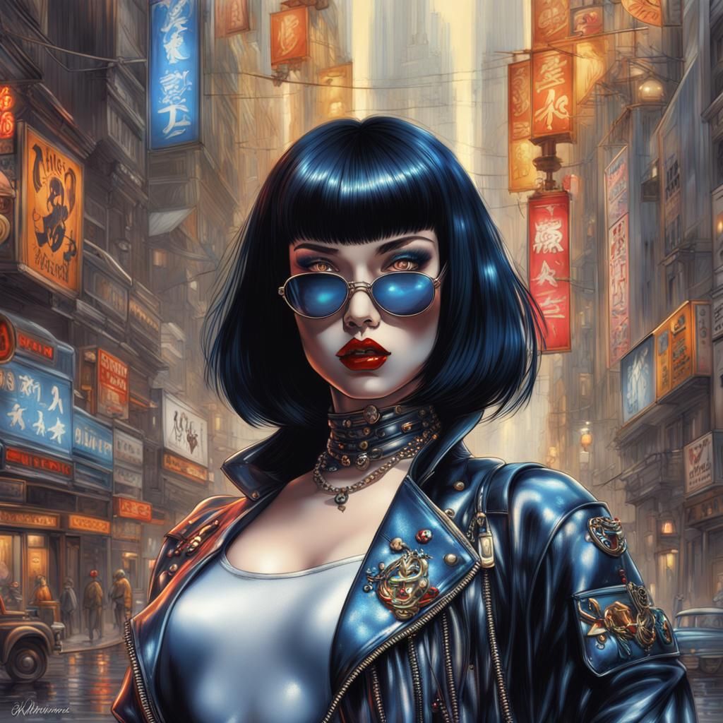 Goth Woman in Harley Quinn Outfit, Sorayama Style